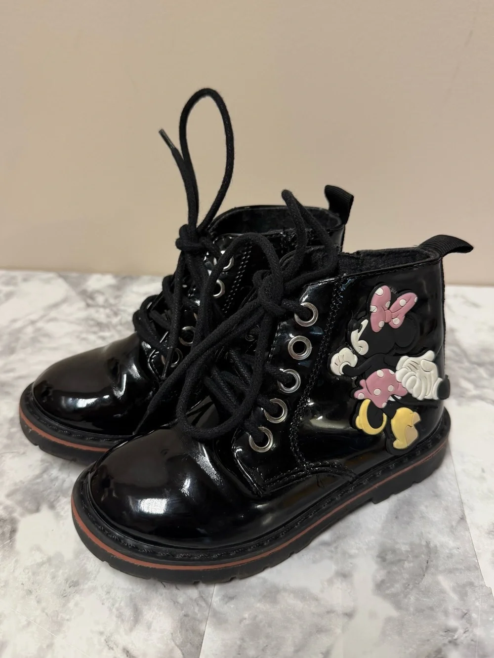 Zara Kids Black Patent Lace-Up Boots with Pink and Yellow Minnie Detail